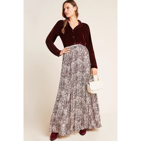 Anthropologie Marie Oliver Wesley Pleated Snake-Print Maxi Skirt Women’s 10